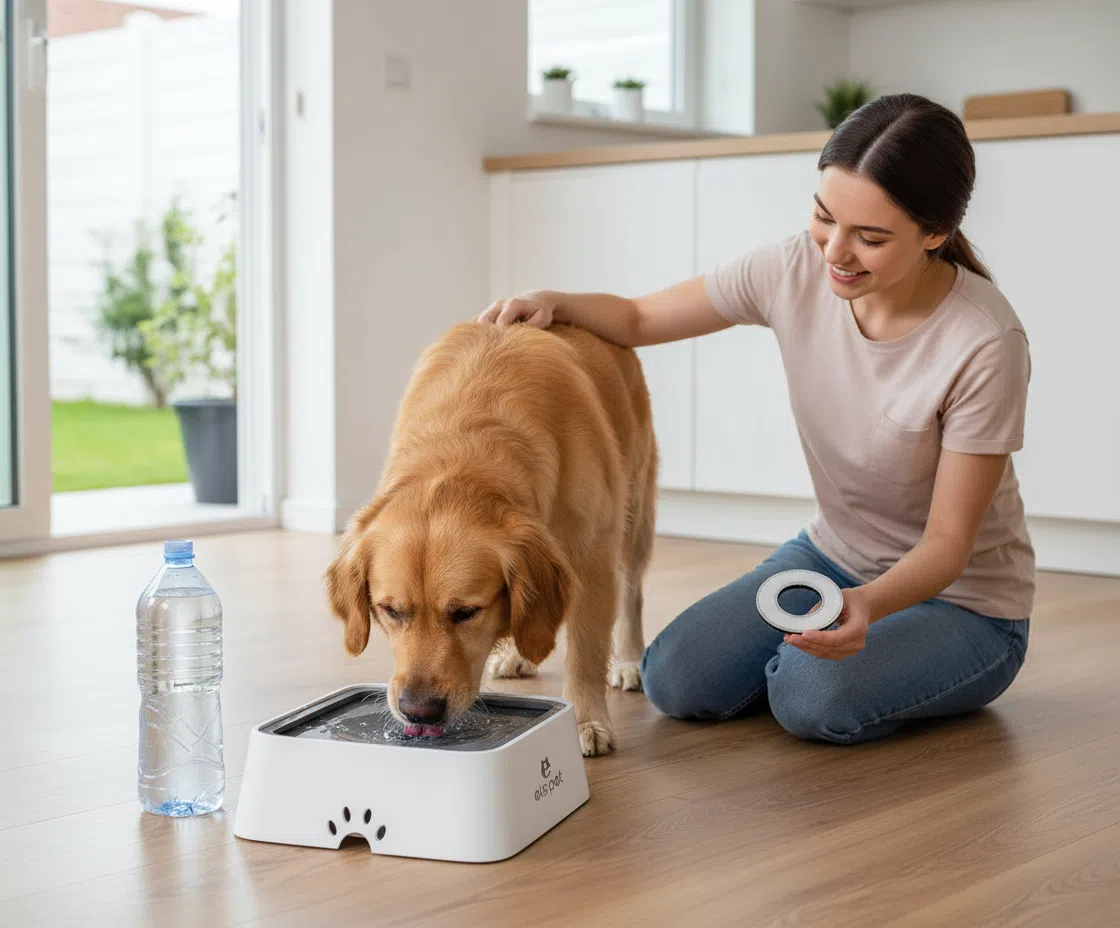 No Spill Slow Water Feeder - Large Capacity 70Oz/2L Travel Bowl for Dogs & Cats (Grey)