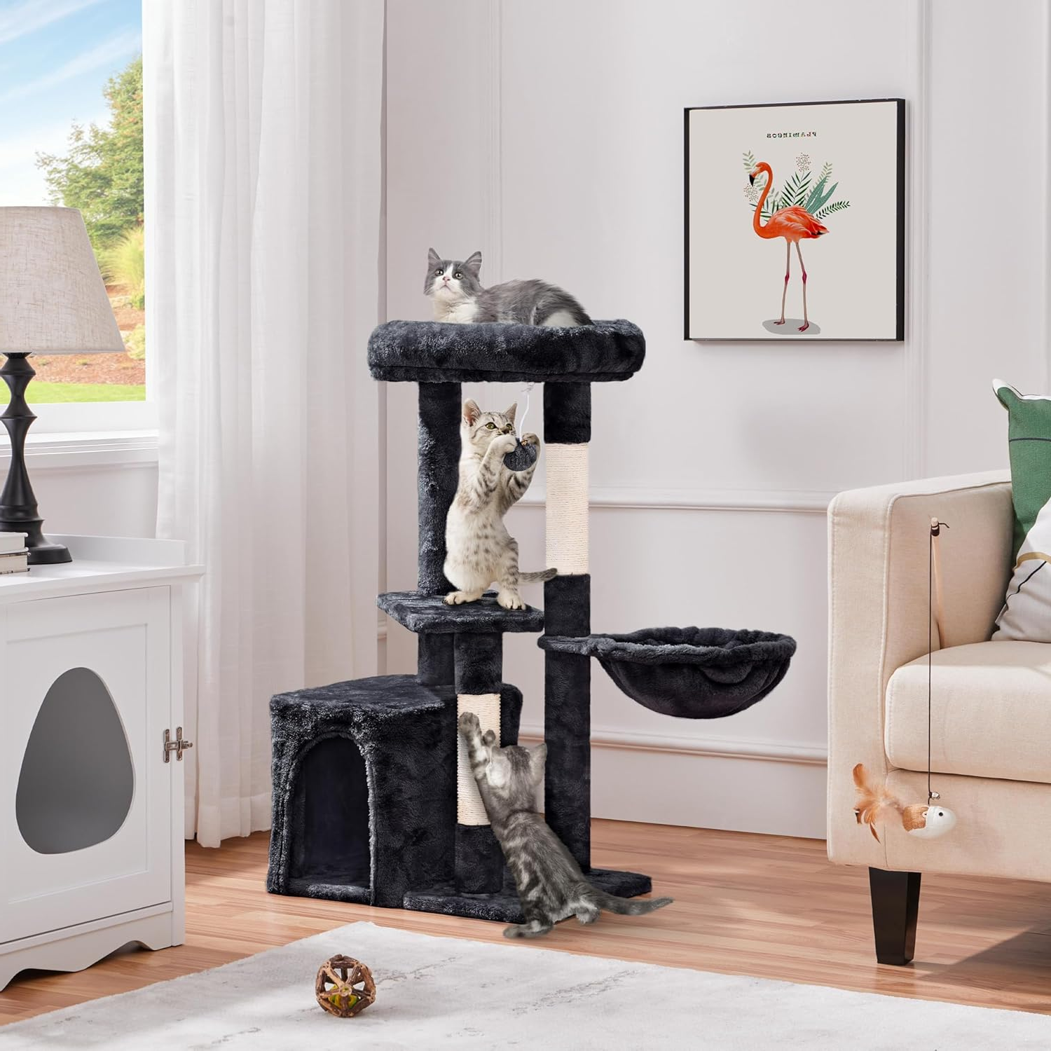Modern Cat Tree with Warm Condo & Basket - 34" Tall Cat Tower with Scratching Posts, Fluffy Bed & Large Platform for Indoor Cats & Kittens