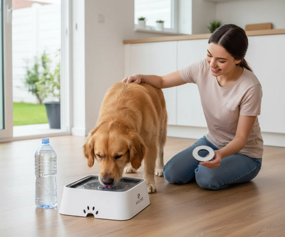 No Spill Slow Water Feeder - Large Capacity 70Oz/2L Travel Bowl for Dogs & Cats (Grey)