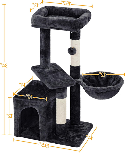Modern Cat Tree with Warm Condo & Basket - 34" Tall Cat Tower with Scratching Posts, Fluffy Bed & Large Platform for Indoor Cats & Kittens