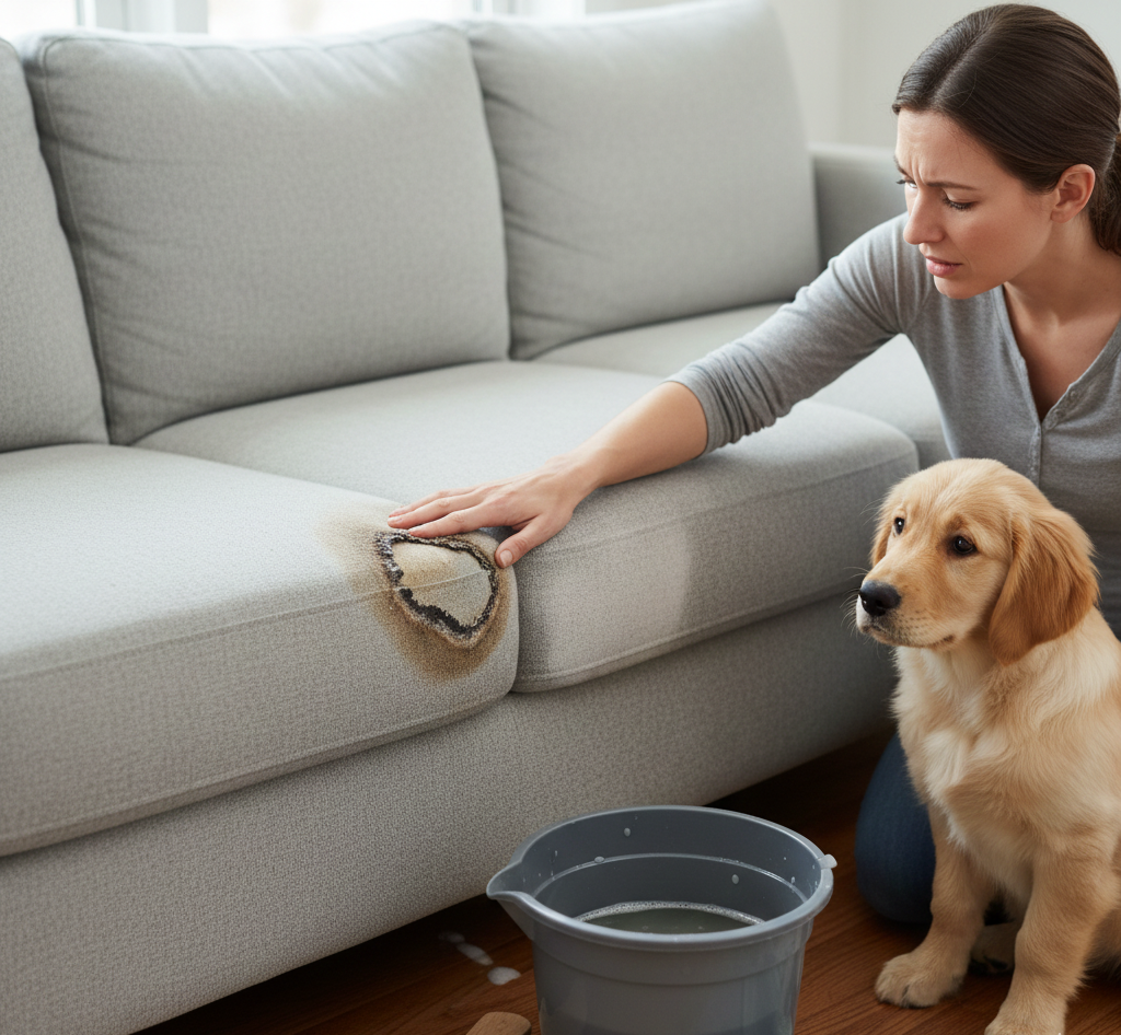 Woman cleaning a stain on a gray sofa with a dog watching.