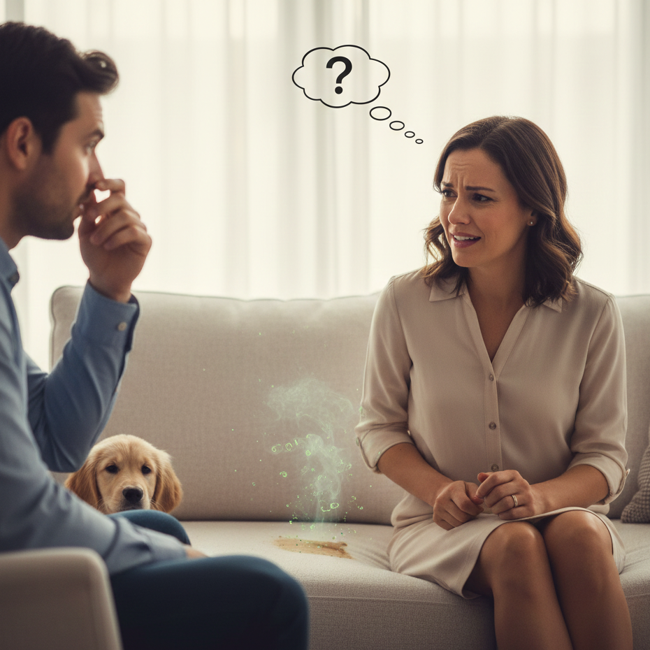 Man and woman sitting on a couch with a dog, man holding his nose, woman looking confused.