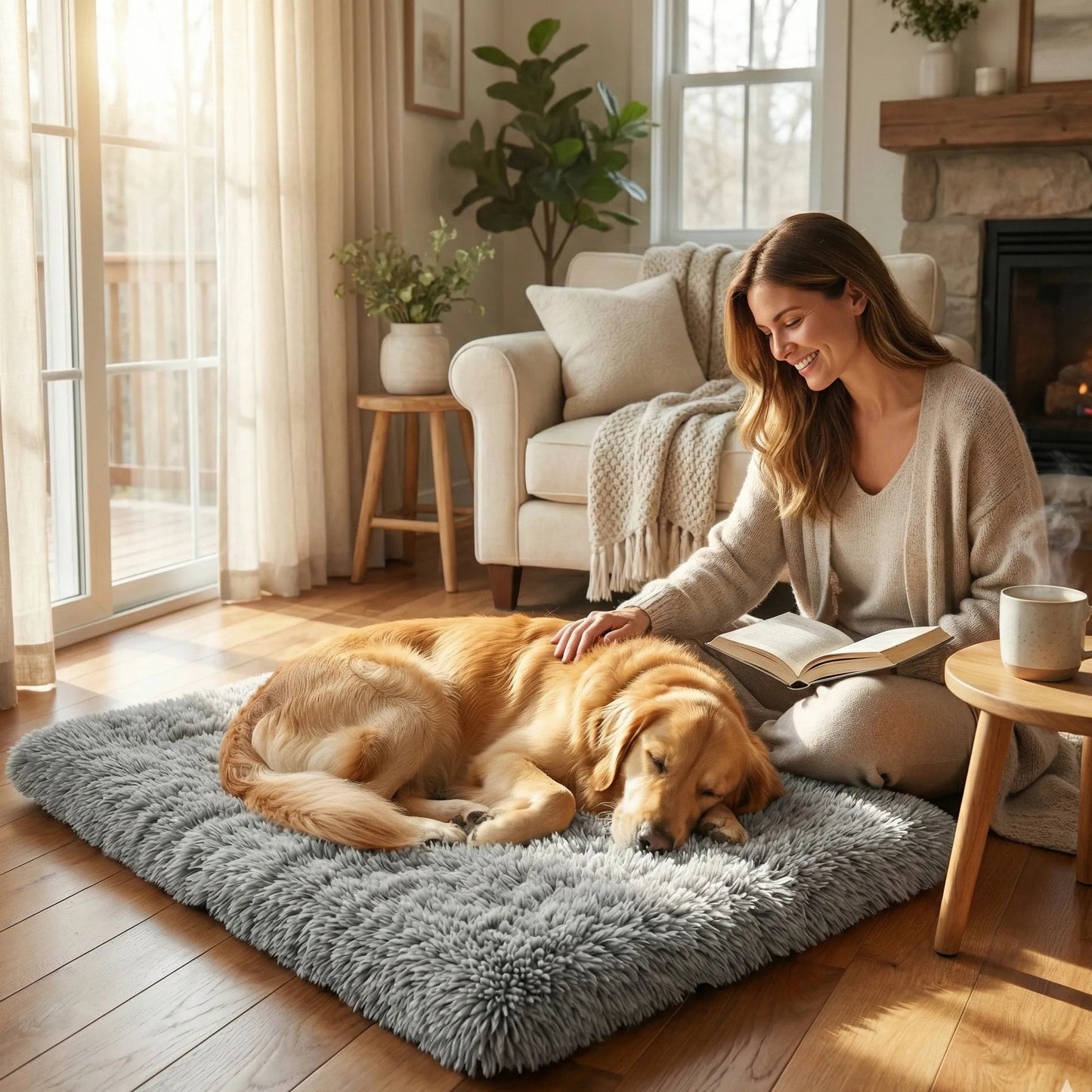 Woman reading a book to a dog on a fluffy rug in a cozy living room.