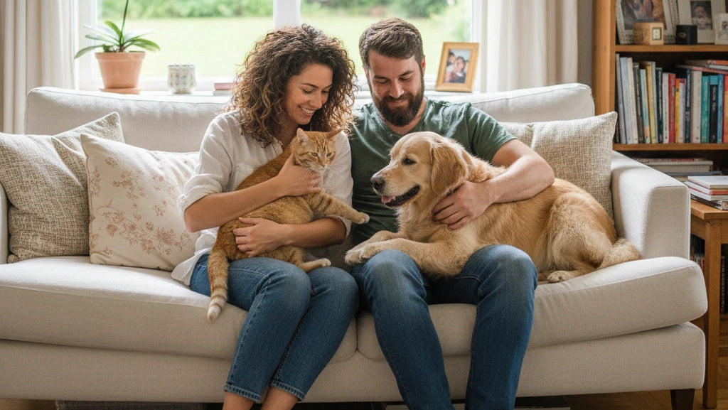Couple sitting on a couch with a cat and dog, surrounded by home decor.