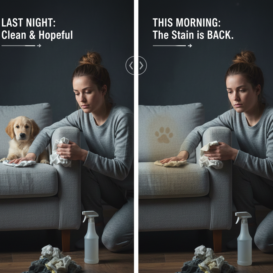 Woman with a dog on a couch, cleaning up a stain, with text indicating a before and after scenario.
