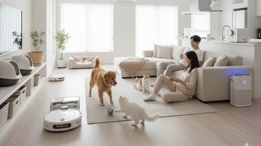 Modern living room with a family and pets interacting, featuring a robot vacuum cleaner.