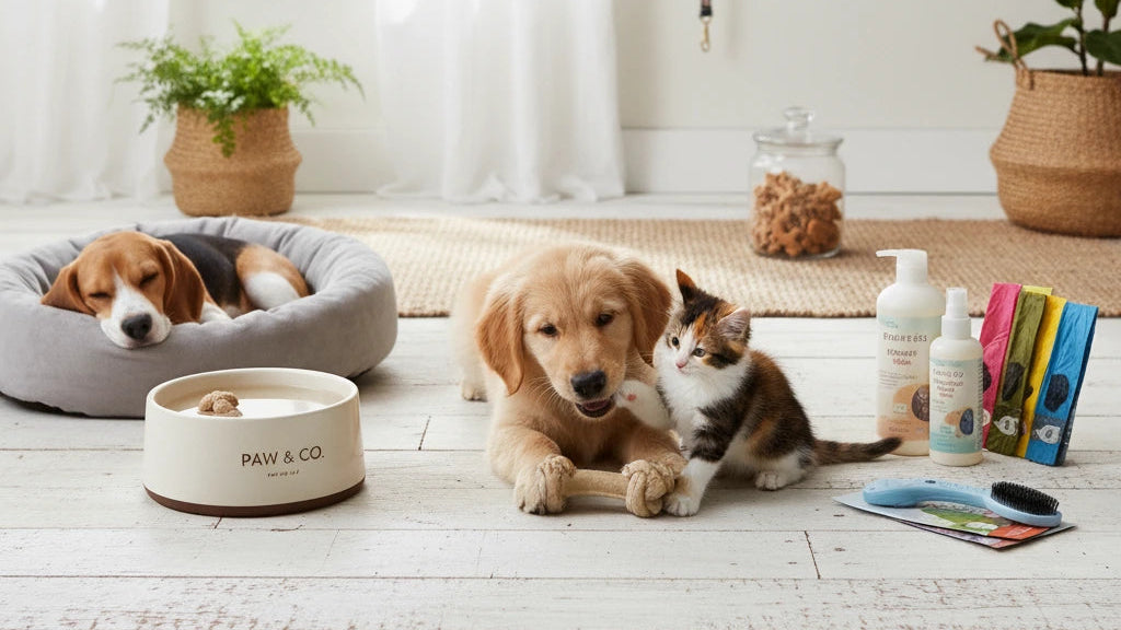 Two dogs and a cat playing together in a room with pet products and plants.