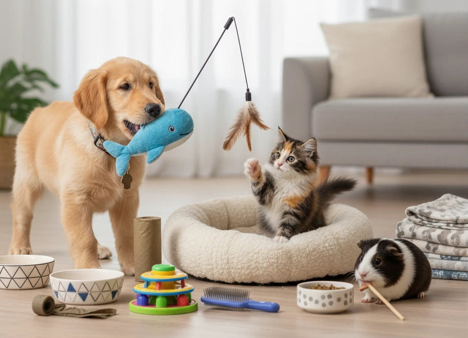 Dog, cat, and guinea pig playing with toys in a living room setting.