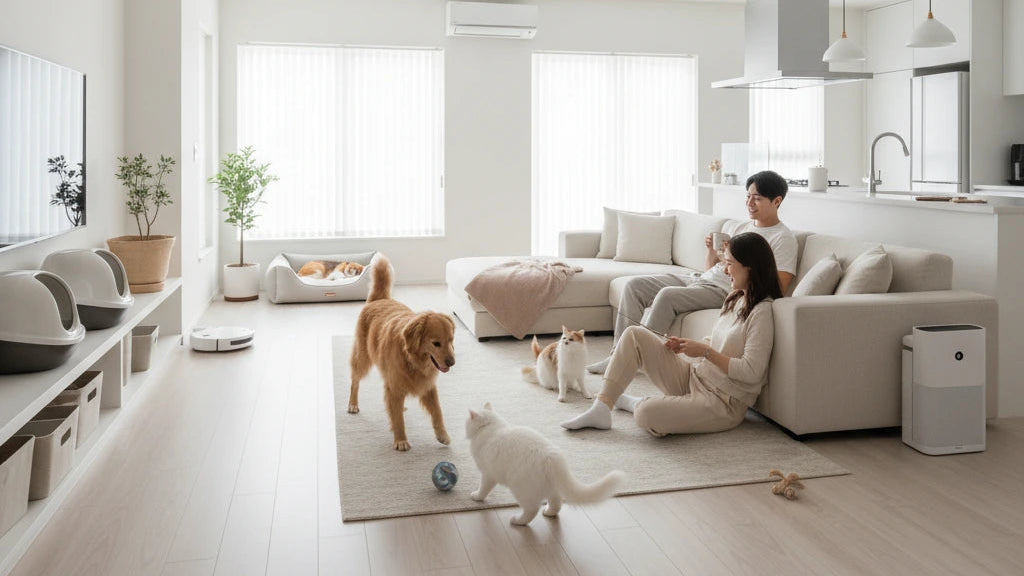 Modern living room with a family and pets on a light wood floor.