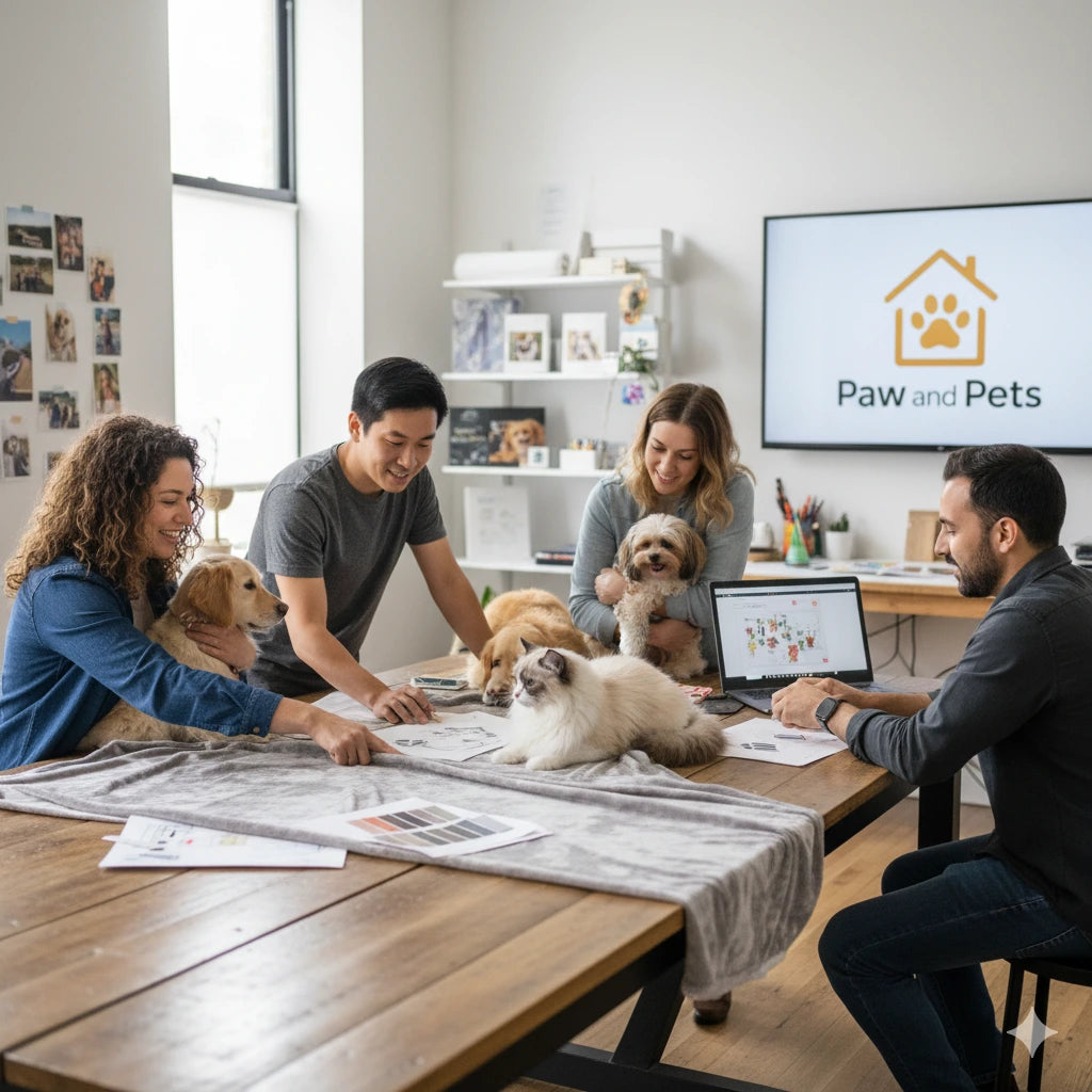 Group of people with pets in a meeting room setting