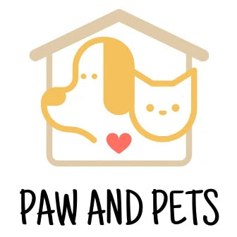 Logo of 'Paw and Pets' with a house-shaped frame containing two dogs and a heart.