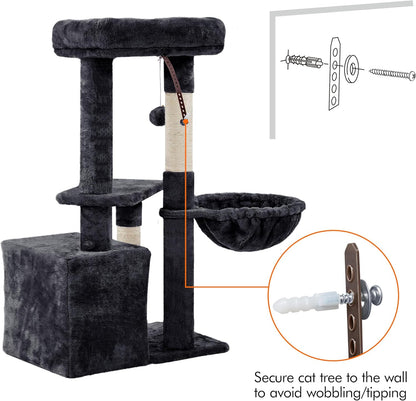 Modern Cat Tree with Warm Condo & Basket - 34" Tall Cat Tower with Scratching Posts, Fluffy Bed & Large Platform for Indoor Cats & Kittens